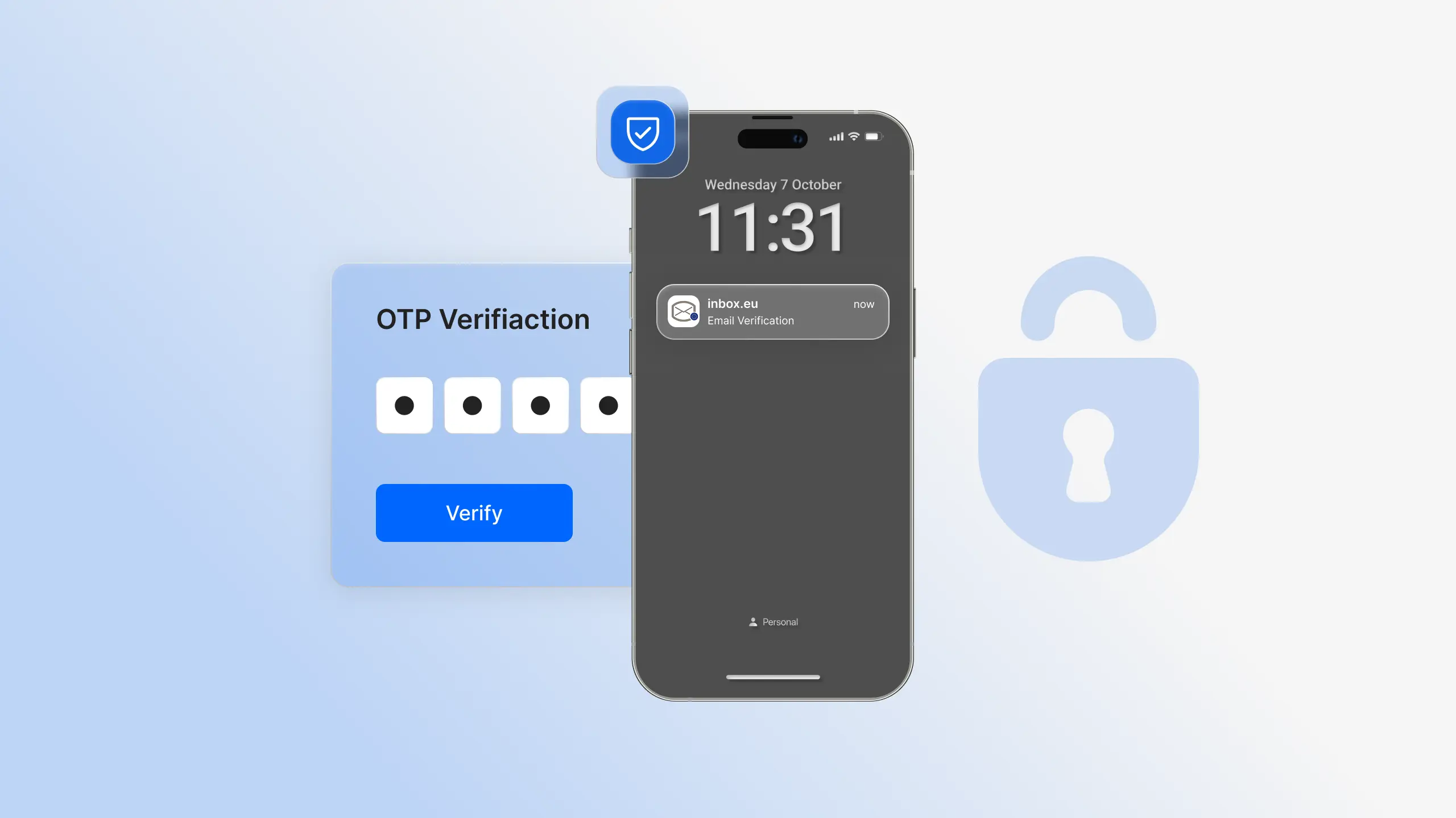 One-time code login OTP verification screen with inbox.eu email notification on phone